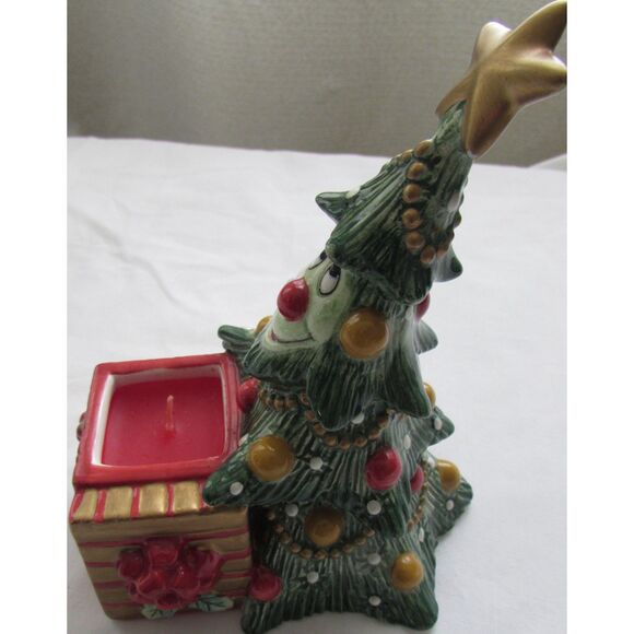 Fitz and Floyd Wee Christmas Tree ceramic with red candle candle holder smiley - Picture 7 of 10